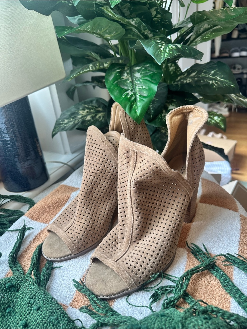 Lucky Brand Taupe Perforated Open-Toe Suede Booties